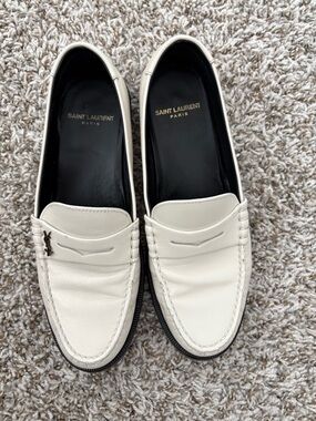 Saint Laurent White Leather Penny Loafers with Black Interior